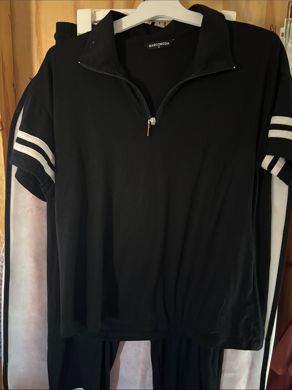 Women's Black Zip-Front Short Sleeve Top and pants